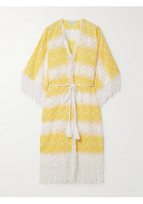 Miguelina - Naida Belted Fringed Embroidered Cotton-voile And Lace Coverup - Yellow - One size