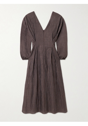 Abadia - Amaya Striped Pleated Linen-blend Midi Dress - Brown - US2,US4,US6,US8,US10,US12