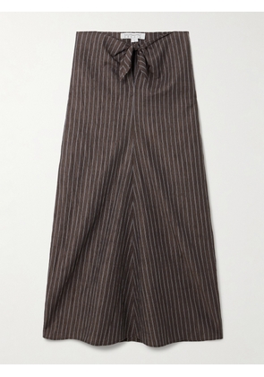 Abadia - Tie-detailed Pinstriped Linen-blend Midi Skirt - Brown - xx small,x small,small,medium,large,x large