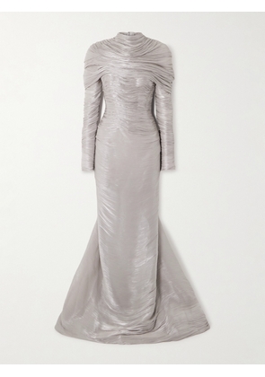 Marmar Halim - Cape-effect Metallic Plissé-chiffon Gown - Silver - EU 32,EU 34,EU 36,EU 38,EU 40,EU 42