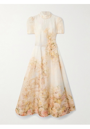 Zimmermann - Picnic Embellished Floral-print Linen And Silk-blend Midi Dress - Cream - 00,0,1,2,3,4