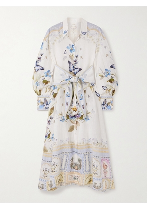 Camilla - Belted Embellished Floral-print Linen Midi Shirt Dress - White - x small,small,medium,large,x large,xx large