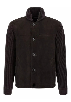 Brioni ribbed-sleeve suede bomber jacket - Brown