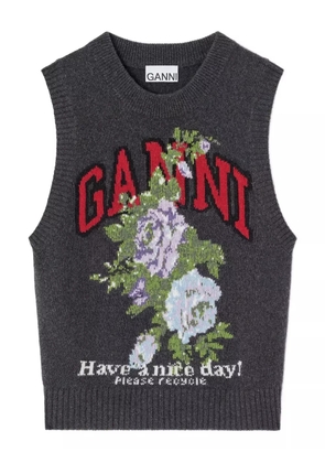 GANNI floral-logo wool vest - Grey