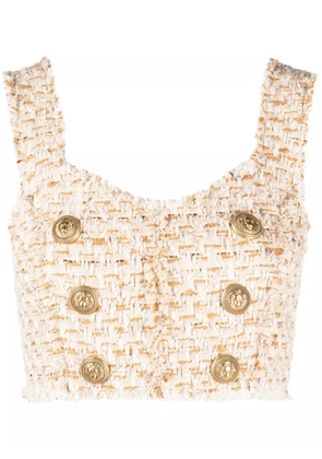 Balmain button-embellished tweed cropped top - White
