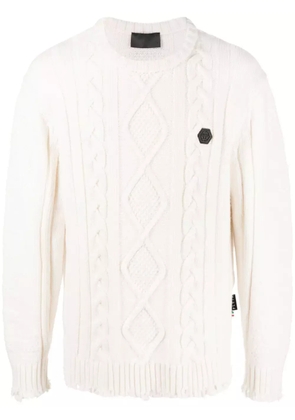 Philipp Plein cable-knit distressed-finish jumper - White