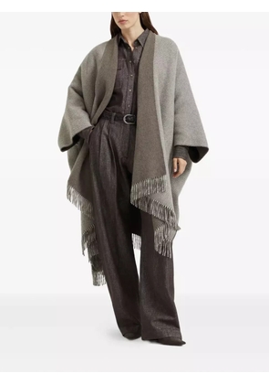 Brunello Cucinelli herringbone-pattern fringed poncho - Brown