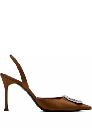 Amina Muaddi 95mm pointed-toe satin slingback pumps - Brown