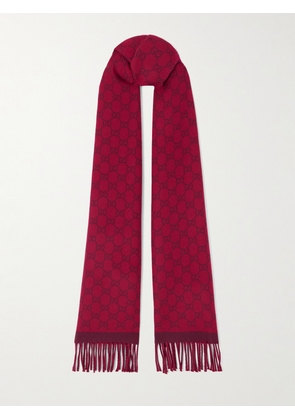 Gucci - Fringed Jacquard-knit Nativa™ Wool Scarf - Burgundy - One size