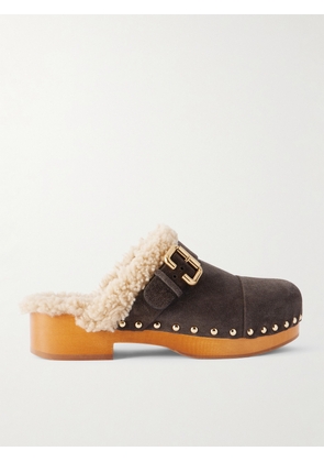 Chloé - Jeannette Embellished Shearling-lined Suede Clogs - Brown - IT36,IT37,IT38,IT39,IT40,IT41