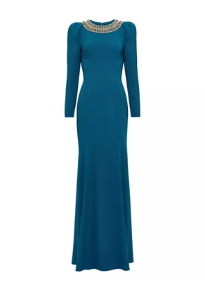 Jenny Packham embellished-neck puff-shoulders maxi dress - Blue
