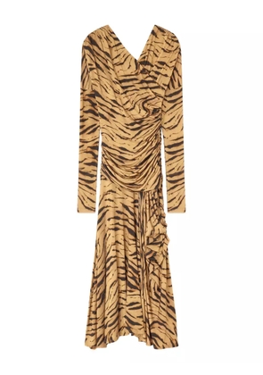 GANNI tiger-print draped midi dress - Neutrals