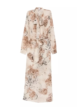 Eleventy floral-print tie-neck dress - Neutrals