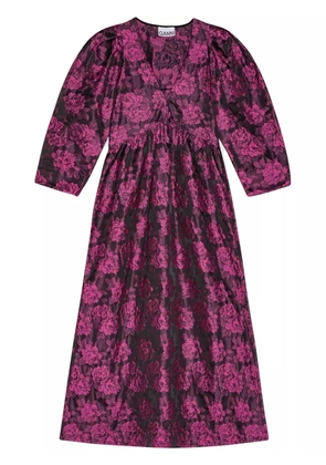 GANNI botanical-jacquard puff-sleeves midi dress - Pink