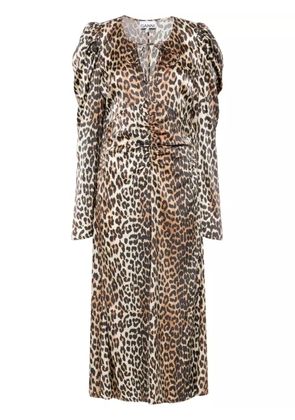 GANNI leopard-print ruched midi dress - Brown