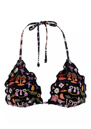 Agua Bendita embroidered ruffled bikini top - Black