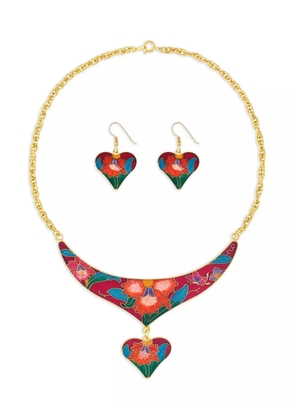 Susan Caplan Vintage 1980s Cloisonné heart necklace earrings set - Gold