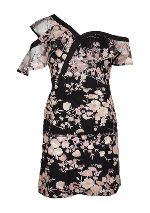 Self-Portrait floral embroidered asymmetric-sleeve mini dress - Black