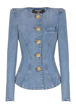 Balmain padded-shoulder buttoned denim jacket - Blue