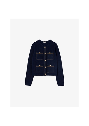 Womens Sandro Denim-Pocket Ribbed Wool Cardigan