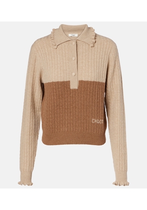 Chloe Cable-knit ruffled wool and cashmere polo sweater