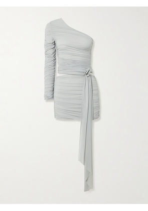 Maygel Coronel - Socarras Appliquéd Ruched Stretch-mesh One-shoulder Top And Mini Skirt Set - Gray - Petite,One Size