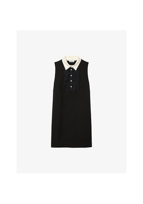 Womens Sandro Contrast-Collar Sleeveless Stretch-Woven Mini Dress