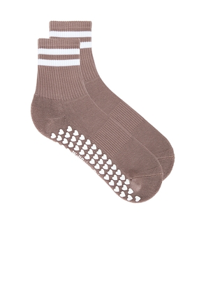 WellBeing + BeingWell Striped Half Crew Grip Sock in Taupe.
