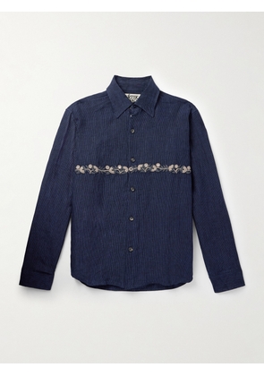 Kartik Research - Layered Appliquéd Embellished Embroidered Pinstriped Linen Shirt - Men - Blue - S