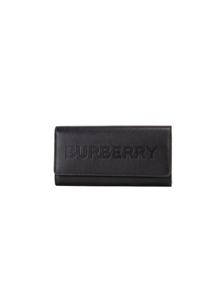 Burberry Porter Black Grained Leather Branded Logo Embossed Clutch Flap Wallet