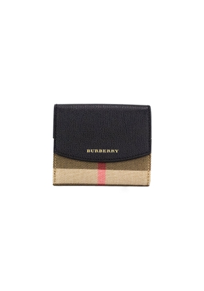 Burberry Luna Black Grained Leather House Check Canvas Coin Pouch Snap Wallet