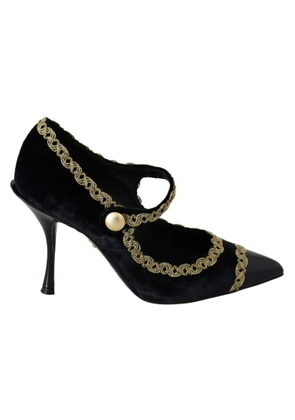 Dolce & Gabbana Black Embellished Velvet Mary Jane Pumps Shoes - EU35/US4.5