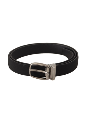 Dolce & Gabbana Black Calf Canvas Silver Tone Logo Metal Belt - 110 cm / 44 Inches