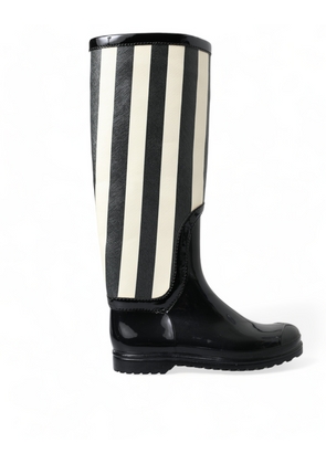 Black Rubber Knee High Flat Boots Shoes - EU35/US4.5