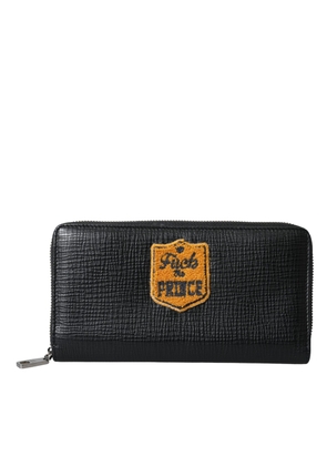 Black Leather Logo Patch Zip Around Continental Wallet