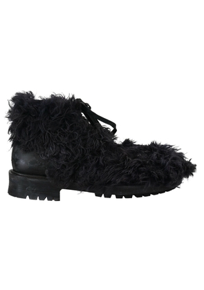 Black Leather Combat Shearling Boots Shoes - EU42/US9