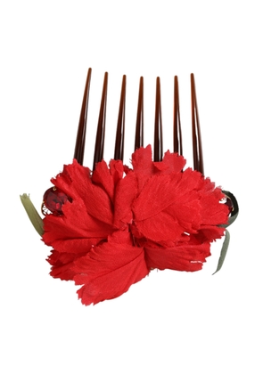 Red Silk Floral Gold Brass Women Hair Comb