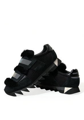 Dolce & Gabbana Black Fur Embellished Suede Sneakers Shoes - EU44/US11
