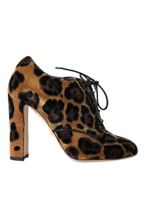 Brown Leopard Hair Lace Up Booties Shoes - EU38/US7.5