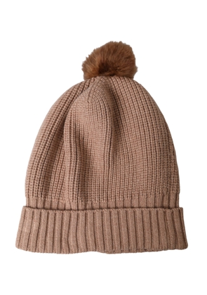 Brown Solid Knitted Fur Ball Winter Beanie Hat - S