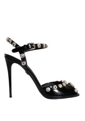 Black Leather Crystal Ankle Strap Sandals Shoes - EU39/US8.5