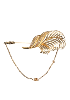 Gold Tone 925 Sterling Silver Leaf Crystal Chain Brooch