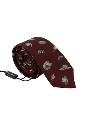 Dolce & Gabbana Maroon Hat Pattern 100% Silk Adjustable Accessory Tie