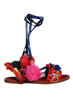 Multicolor Pom Pom Fur Wrap Sandals Shoes - EU38/US7.5