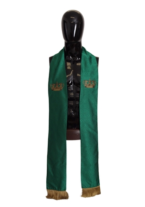Dolce & Gabbana Green Crown Embroidered Shawl Fringe Blend Silk