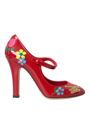 Red Leather Embellished Mary Jane Pumps Heels Shoes - EU40/US9.5