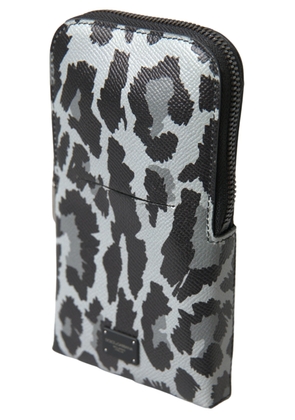 Dolce & Gabbana Gray Leopard Leather Men Purse Crossbody Sling Phone Bag