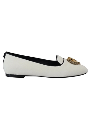 Elegant White Velvet Loafers with Gold Heart Detail - EU35.5/US5