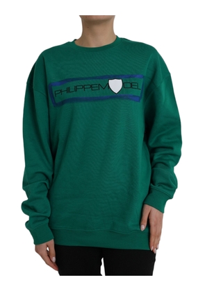 Green Cotton Logo Print Long Sleeves Pullover Sweater - XL