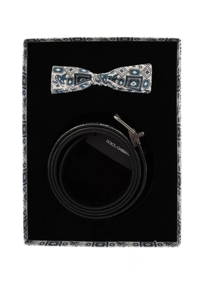 White Blue Silk Bowtie Leather Belt Gift Box Set - 115 cm / 46 Inches